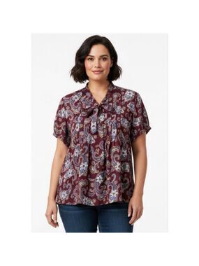 Lands' End Blouse Size 14 Burgundy Blue Paisley